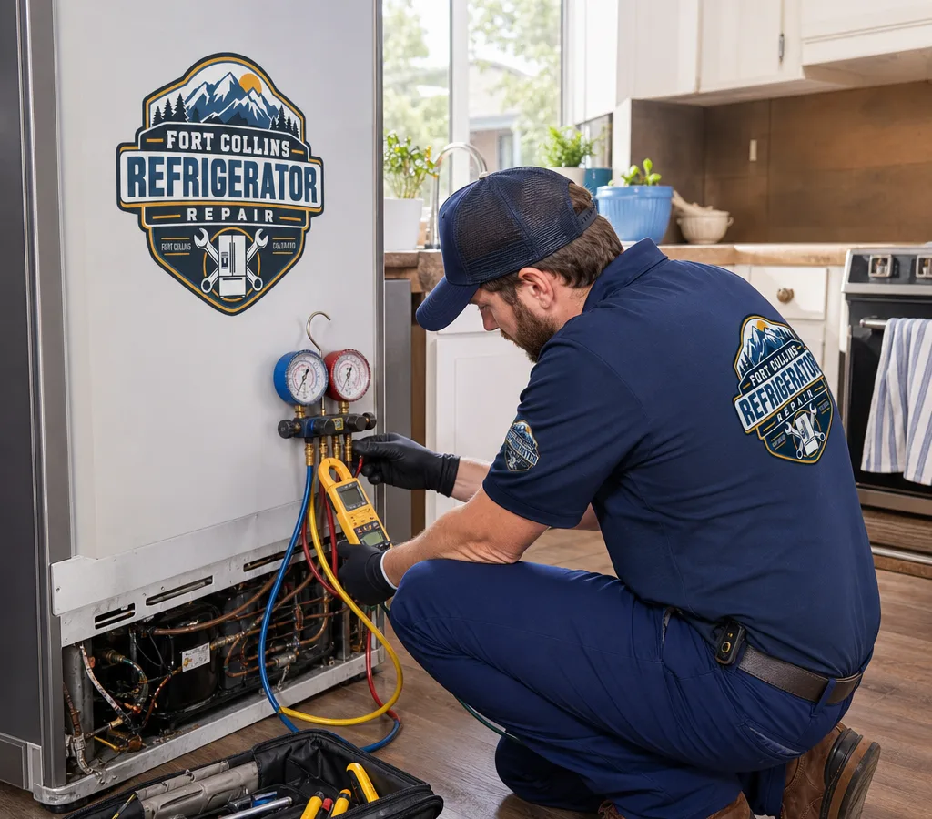 Technician diagnosing a residential refrigerator with gauges and a multimeter in a Fort Collins kitchen