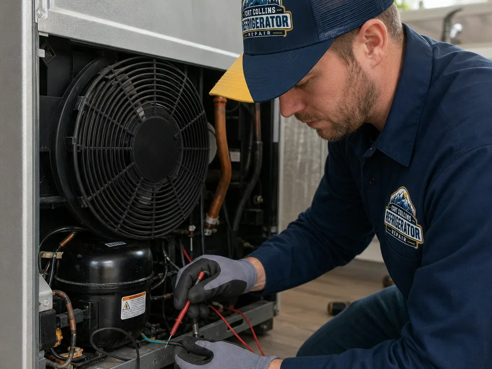 Refrigerator rear access panel removed while a technician inspects the condenser fan, compressor, wiring, and components
