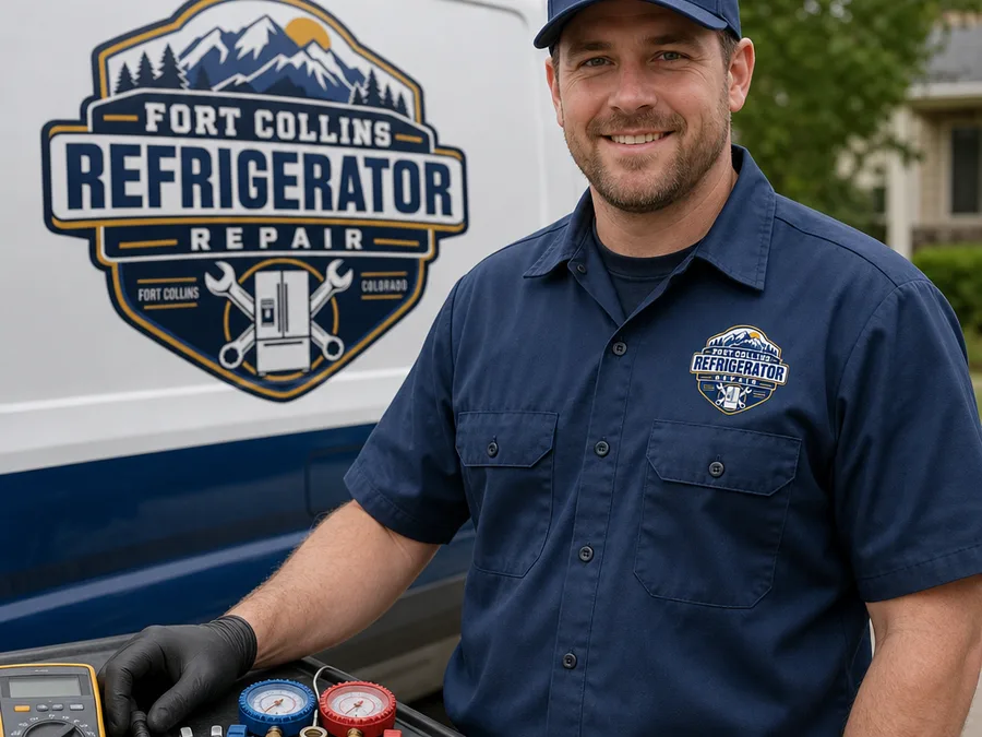 Refrigerator service technician beside a work van with diagnostic gauges, multimeter, and hand tools